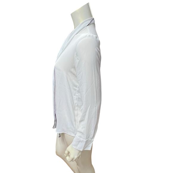 Express White Tie Neck Blouse Black Piping Long Sleeve Silky Small - Picture 5 of 13